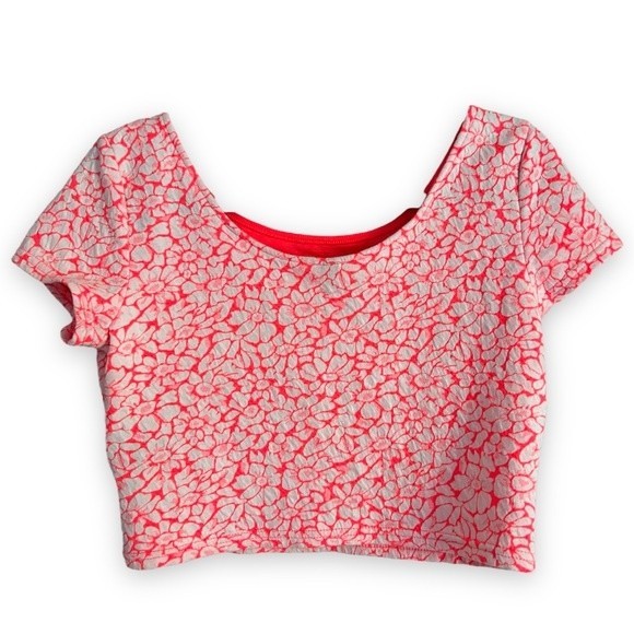 Forever 21 Neon Orange Floral Crop Top Fitted Short Sleeve Shirt Daisy Pattern M - Picture 2 of 11